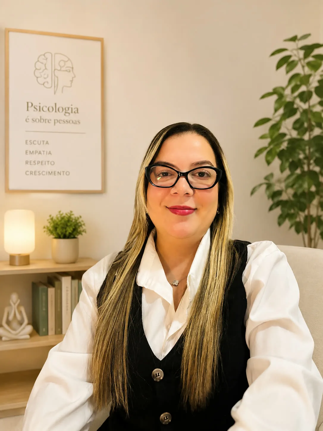 Danielli Quintale no consultório, em frente a uma estante com livros de psicologia.