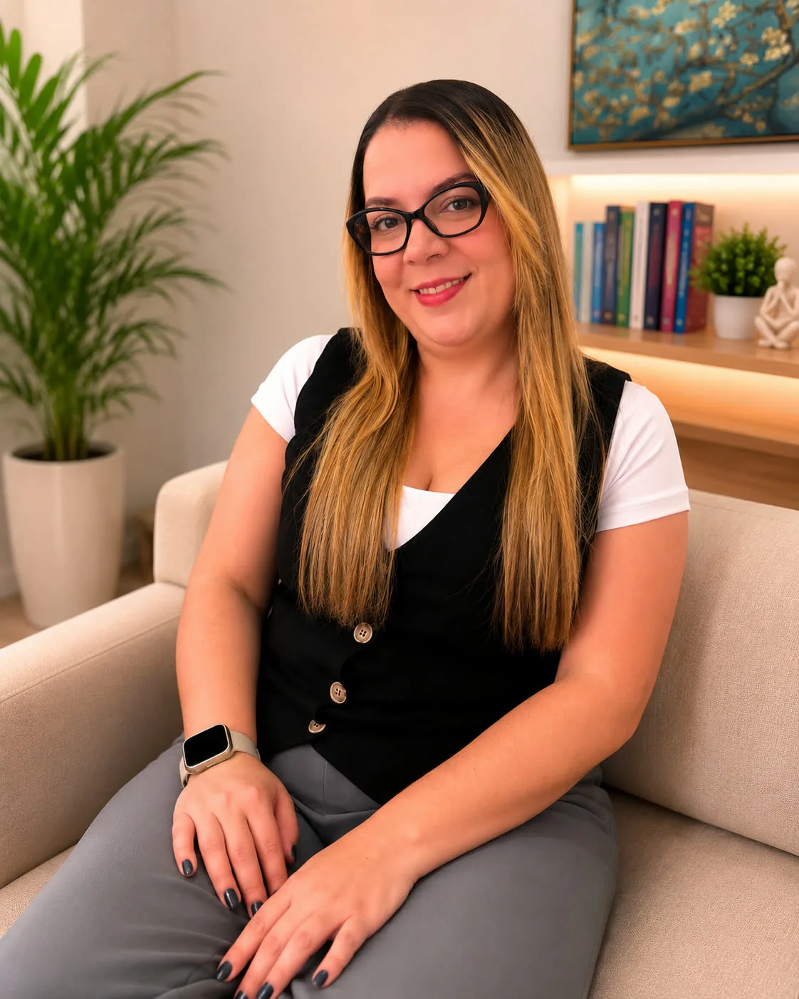 Danielli Quintale, psicóloga, sentada em uma poltrona no consultório.